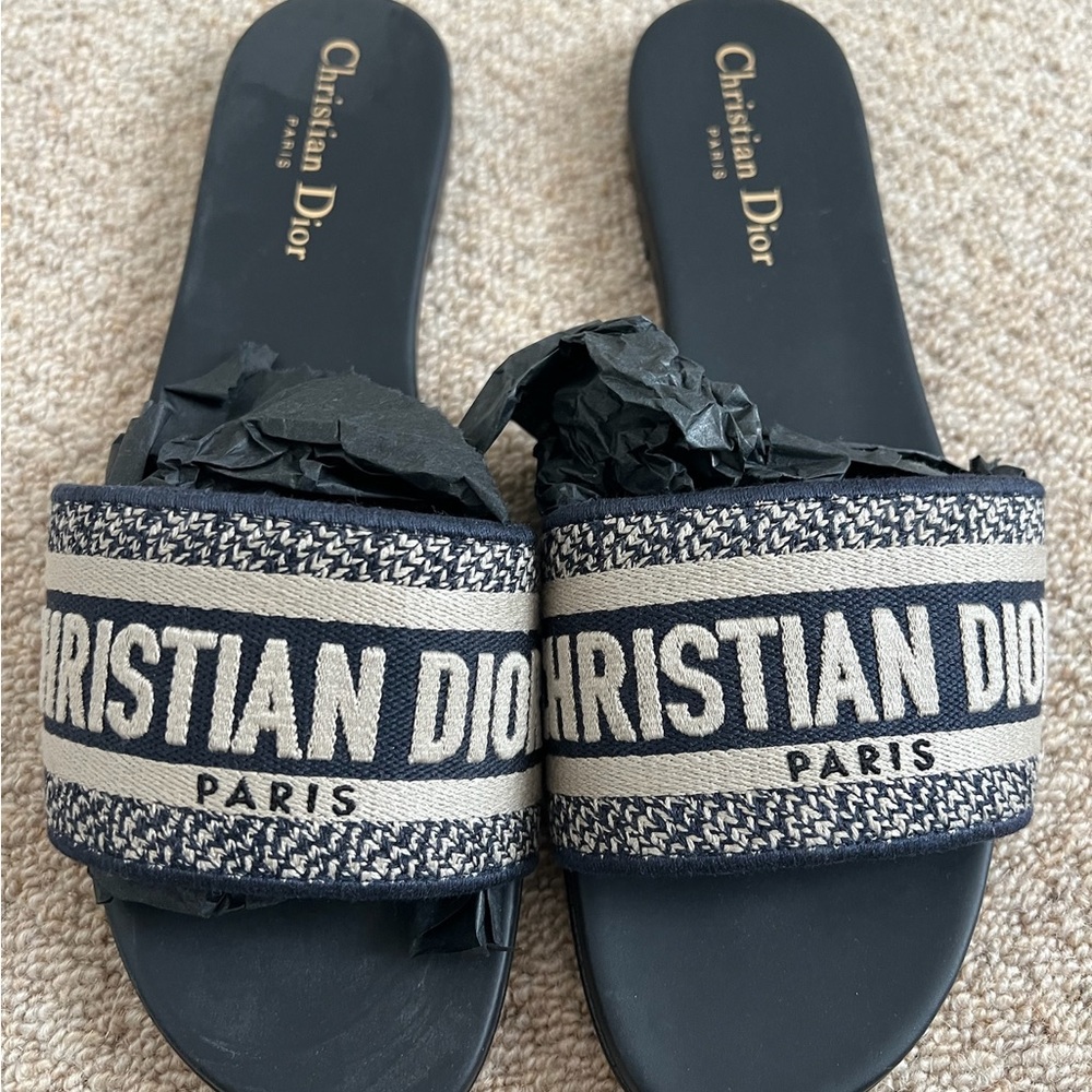 Dior Dark Blue and Cream Patterned Slides